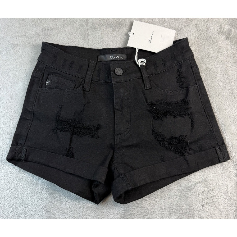 KanCan Shorts Womens 3/25 Black High Rise Distressed Denim New With‎ Tags